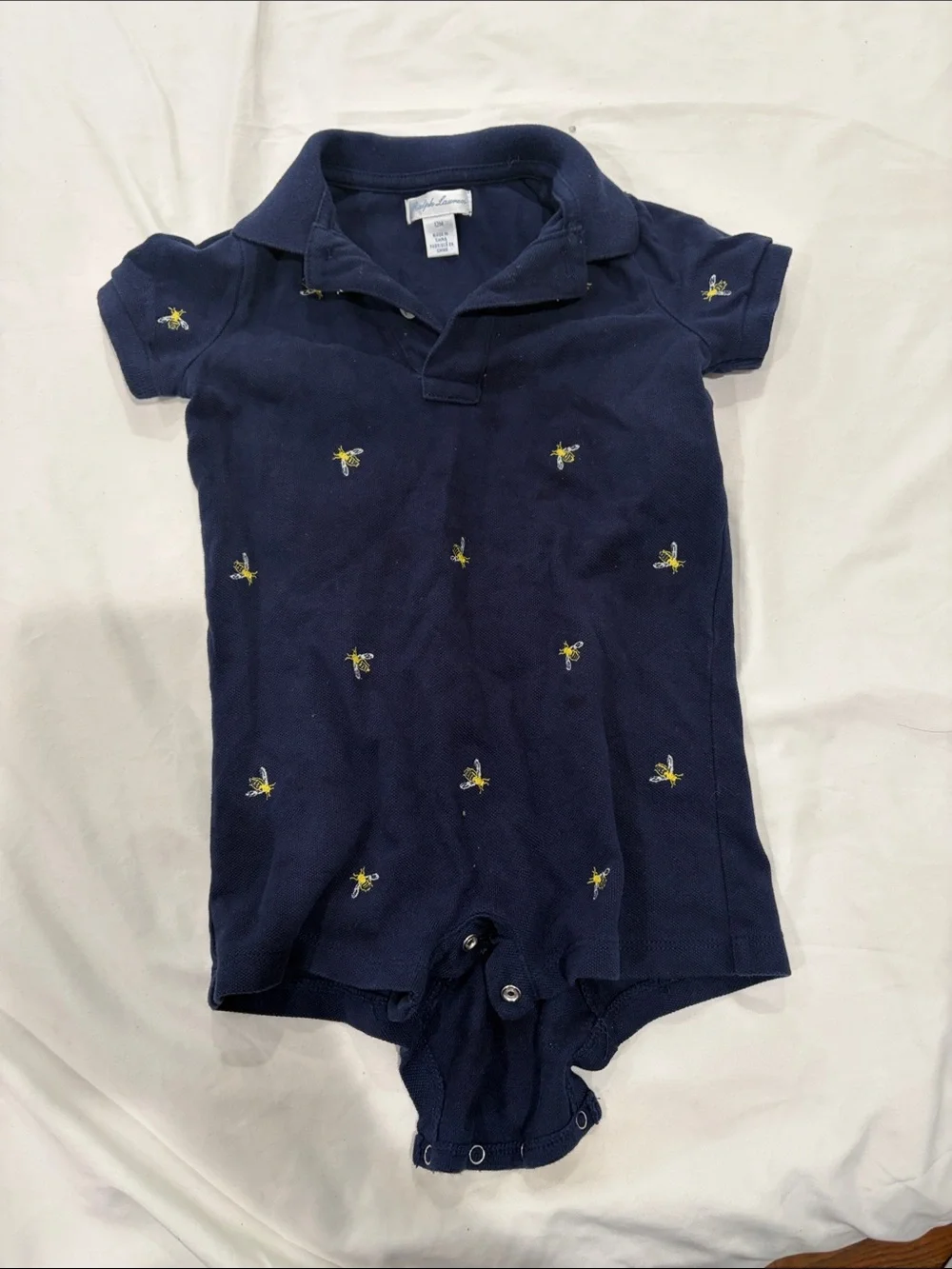 Ralph Lauren Navy Polo Romper with Yellow Bee Embroidery
